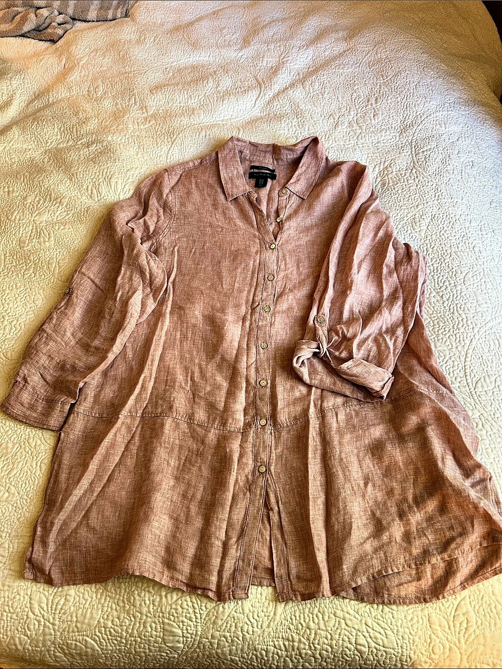 Tahari 100% Linen Button Down Tunic Shirt, Pink, XL